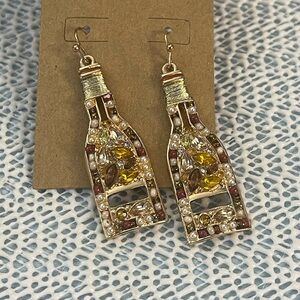 New Champagne bottle drop down earrings, 2” long , with jewels UNIQUE